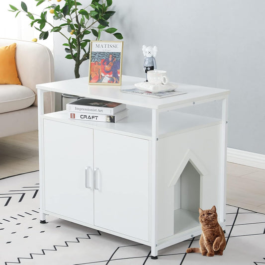 Litter Box Enclosure, Wooden Litter Box Furniture Hidden Cat Litter Box with Door, Large Tabletop Adjustable Inner Space Litter Box Cabinet for Living Room, White