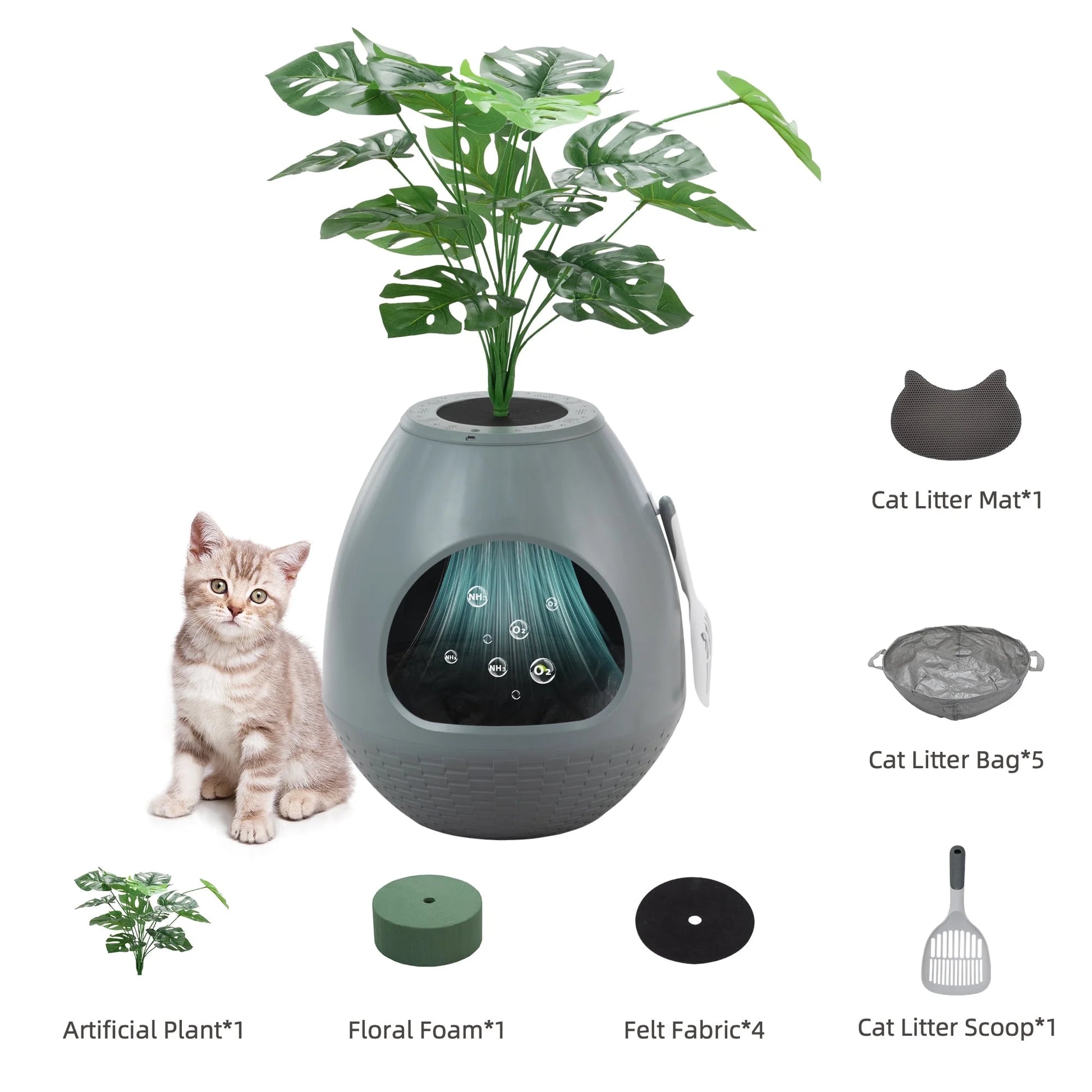 Large Smart Plant Litter Box with Deodorization System, Artificial Plants,5 Cat Litter Bags,Light,Cat Litter Mat,Scoop,Gray