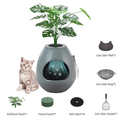 Large Smart Plant Litter Box with Deodorization System, Artificial Plants,5 Cat Litter Bags,Light,Cat Litter Mat,Scoop,Gray