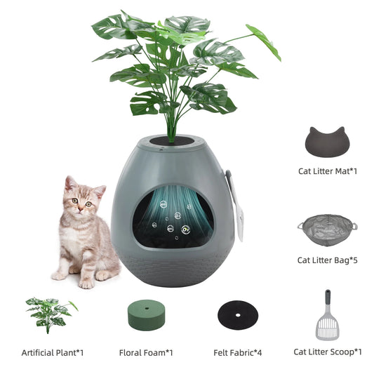 Large Smart Plant Litter Box with Deodorization System, Artificial Plants,5 Cat Litter Bags,Light,Cat Litter Mat,Scoop,Gray