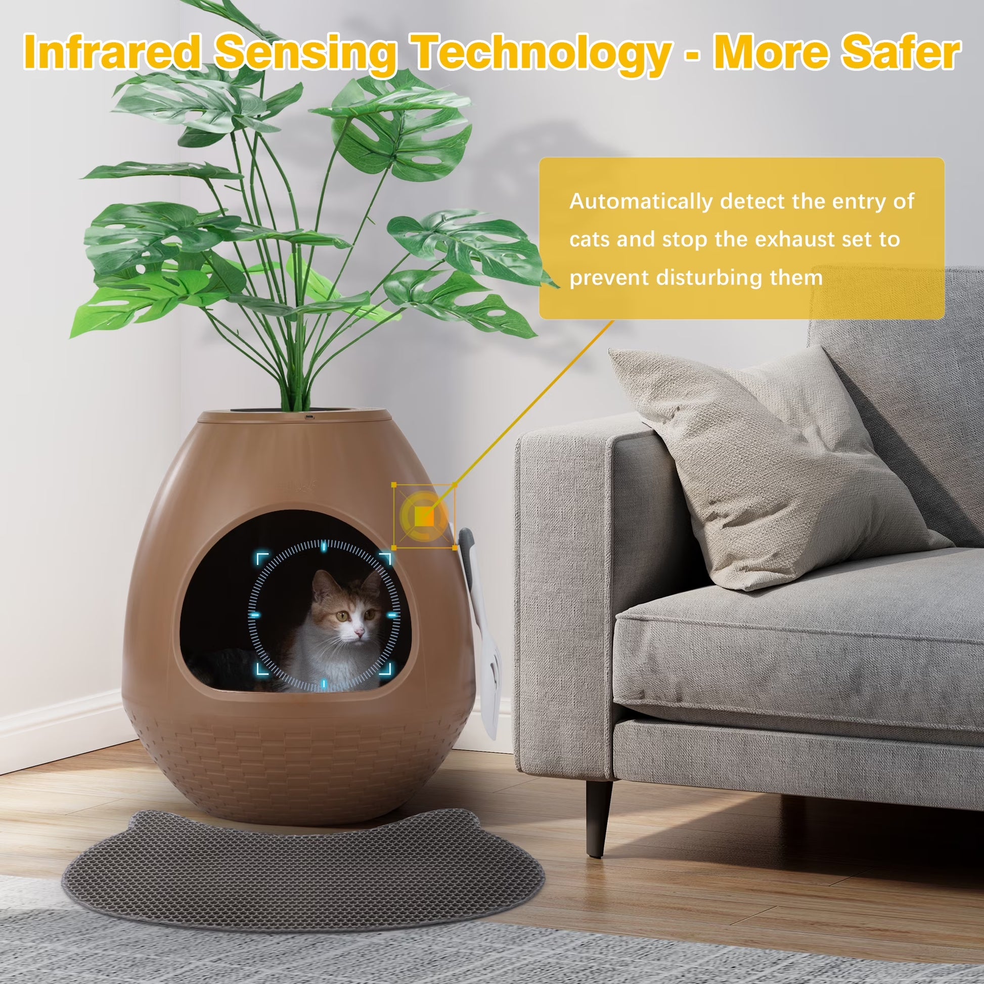 Large Smart Plant Litter Box with Deodorization System, Artificial Plants,5 Cat Litter Bags,Light,Cat Litter Mat,Scoop,Brown