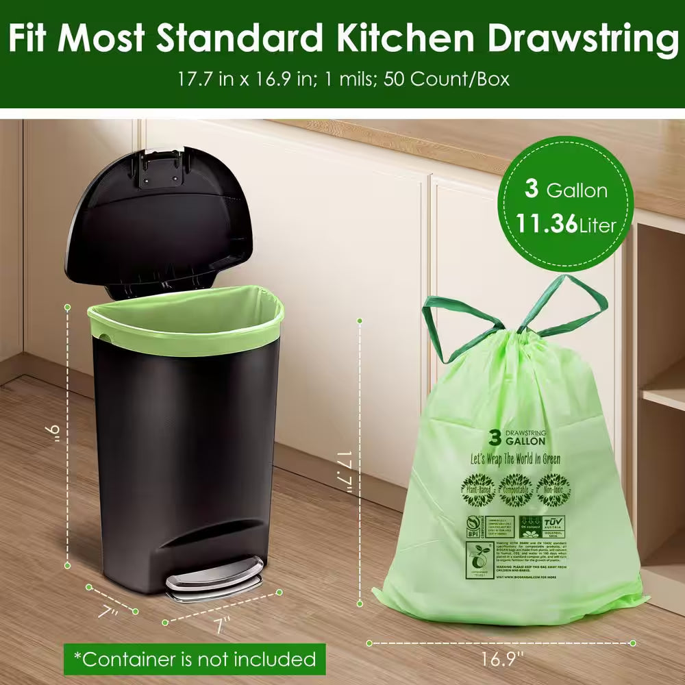 3 Gal. Compostable Trash Bags with Drawstring, Heavy Duty 1 Mil Thick, 50-Count, Kitchen Waste Bags