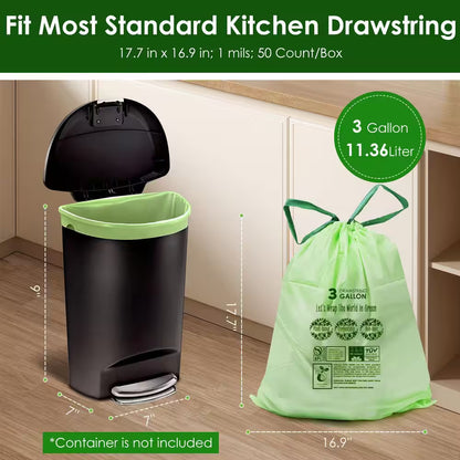 3 Gal. Compostable Trash Bags with Drawstring, Heavy Duty 1 Mil Thick, 50-Count, Kitchen Waste Bags
