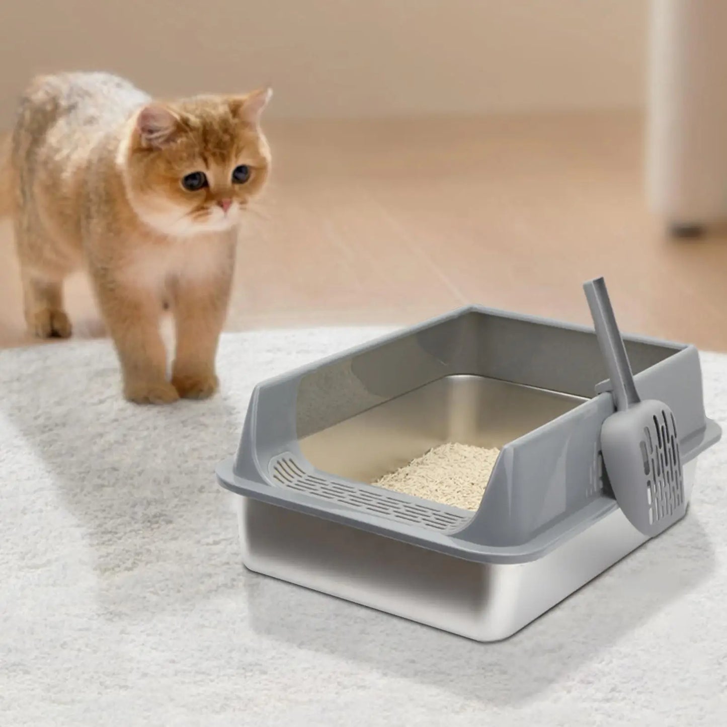 Stainless Steel Cat Toilet Large Cat Litter Box Deepen Pet Litter Box with Scoop Semi-Closed Cat Litter Box with Litter Shovel