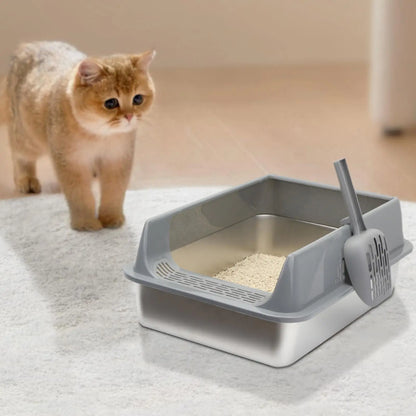 Stainless Steel Cat Toilet Large Cat Litter Box Deepen Pet Litter Box with Scoop Semi-Closed Cat Litter Box with Litter Shovel