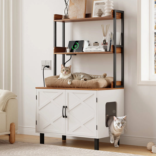 55 Inches Cat Litter Box Enclosure with 2 Storage Shelves and Charging Sockets, Hidden Litter Box Furniture, Wooden Cat House