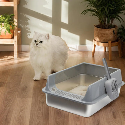 Stainless Steel Cat Toilet Large Cat Litter Box Deepen Pet Litter Box with Scoop Semi-Closed Cat Litter Box with Litter Shovel