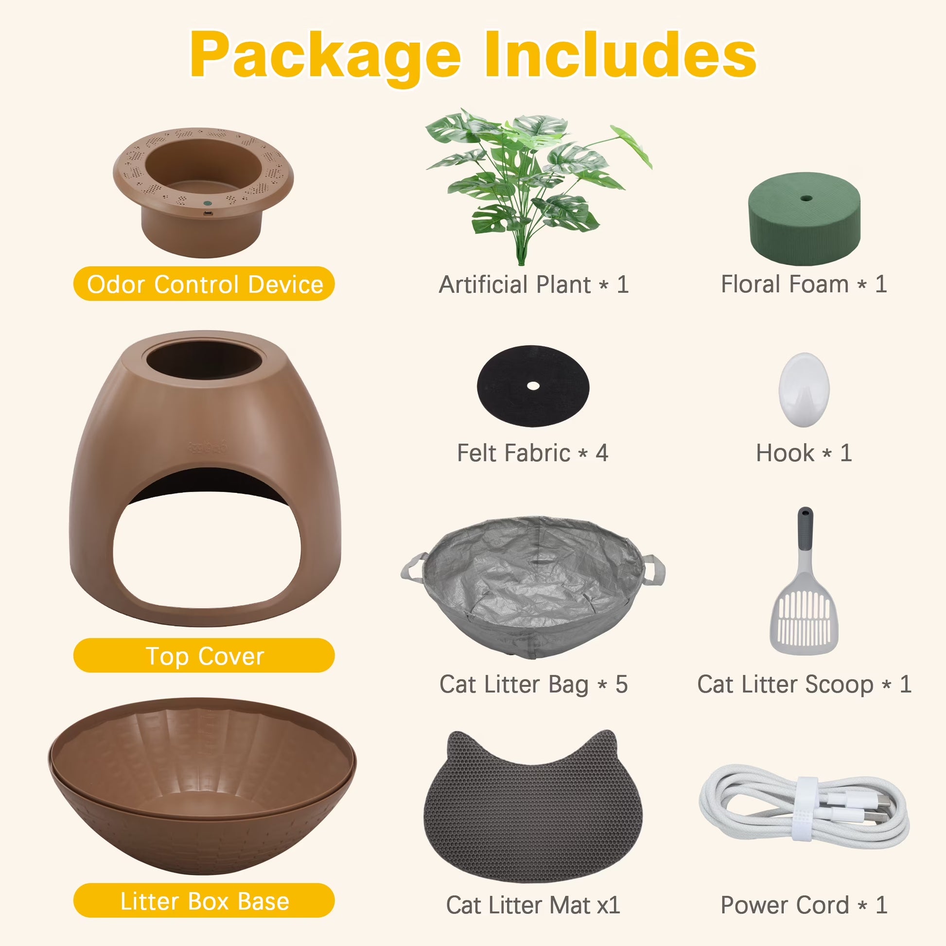 Large Smart Plant Litter Box with Deodorization System, Artificial Plants,5 Cat Litter Bags,Light,Cat Litter Mat,Scoop,Brown