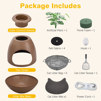 Large Smart Plant Litter Box with Deodorization System, Artificial Plants,5 Cat Litter Bags,Light,Cat Litter Mat,Scoop,Brown