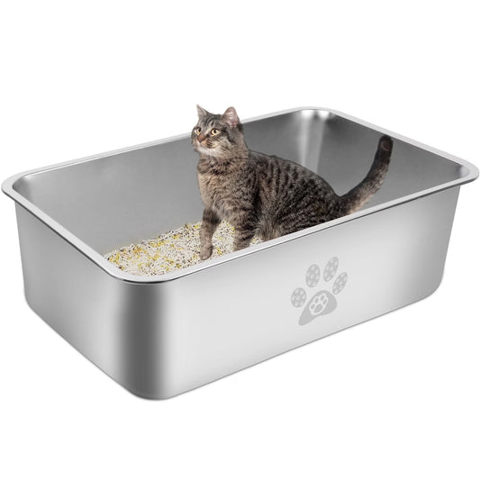 Cat Litter Box with High Sides Large Stainless Steel Cat Litter Pan 23.6" X 15.7" X 7.9"