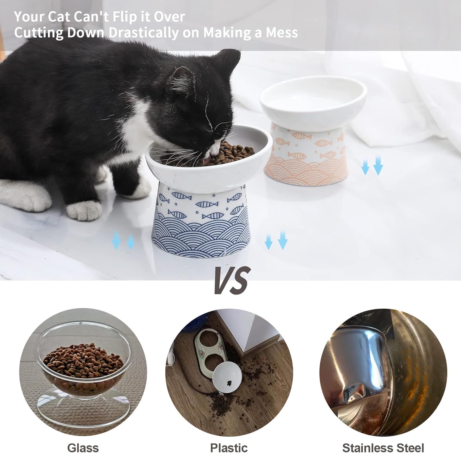Ceramic Raised Cat Bowls, Elevated Tilted Cat Food and Water Bowls Set, Porcelain Stress Free Pet Feeder Dish for Cats and Small Dogs, Dishwasher and Microwave Safe, Set of 2