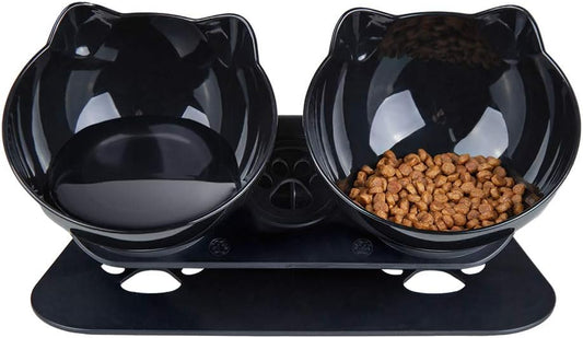 Cat Food Bowls Elevated Cat Bowls Tilted 15° Plastic Cat Dishes Double Raised Cat Bowl with Non-Slip Rubber Base Stand for Cats (Black)