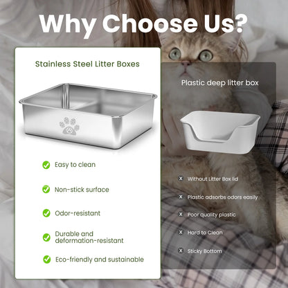 Cat Litter Box with High Sides Large Stainless Steel Cat Litter Pan 23.6" X 15.7" X 7.9"