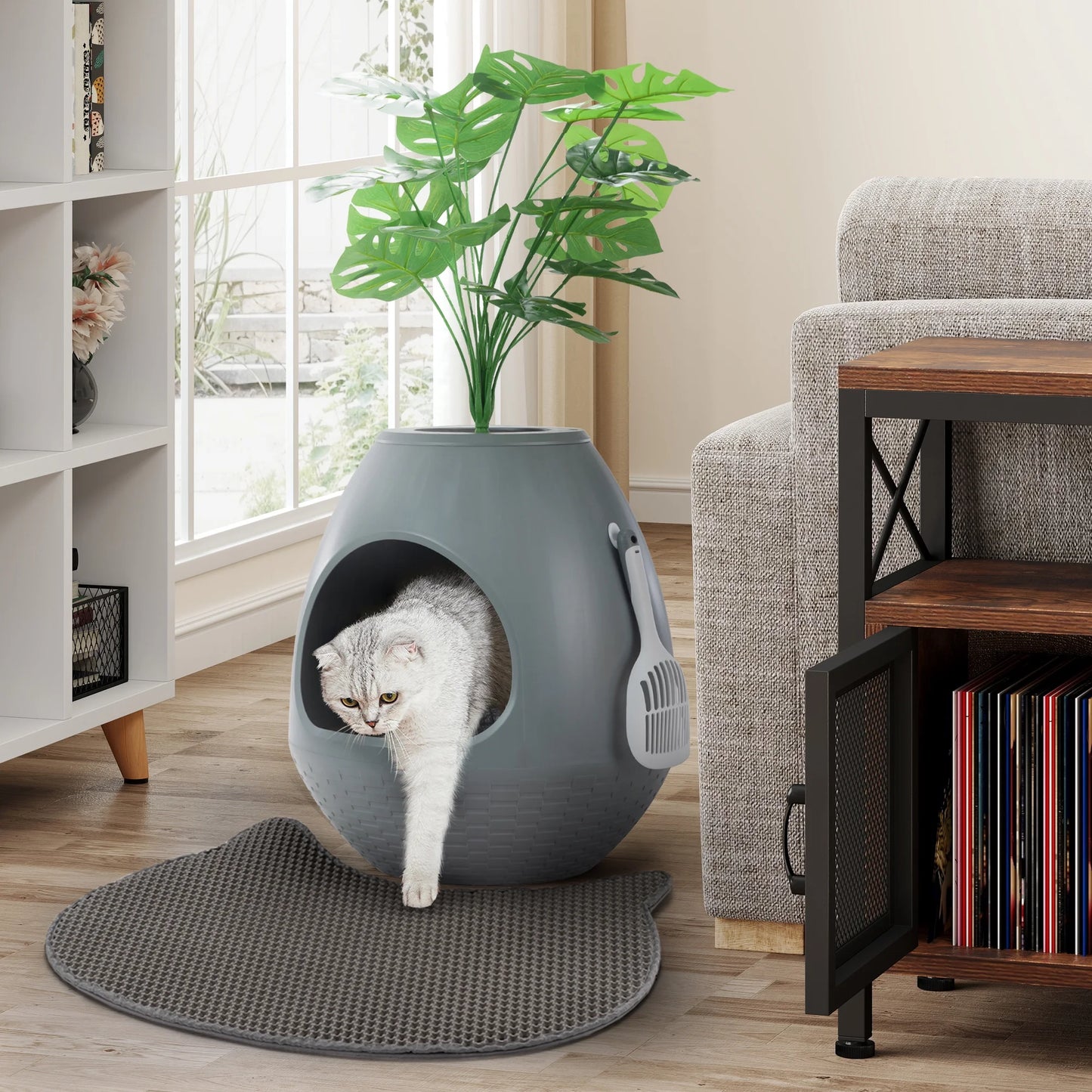 Large Smart Plant Litter Box with Deodorization System, Artificial Plants,5 Cat Litter Bags,Light,Cat Litter Mat,Scoop,Gray