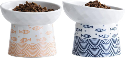 Ceramic Raised Cat Bowls, Elevated Tilted Cat Food and Water Bowls Set, Porcelain Stress Free Pet Feeder Dish for Cats and Small Dogs, Dishwasher and Microwave Safe, Set of 2