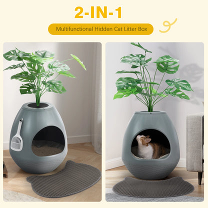 Large Smart Plant Litter Box with Deodorization System, Artificial Plants,5 Cat Litter Bags,Light,Cat Litter Mat,Scoop,Gray