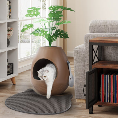 Large Smart Plant Litter Box with Deodorization System, Artificial Plants,5 Cat Litter Bags,Light,Cat Litter Mat,Scoop,Brown