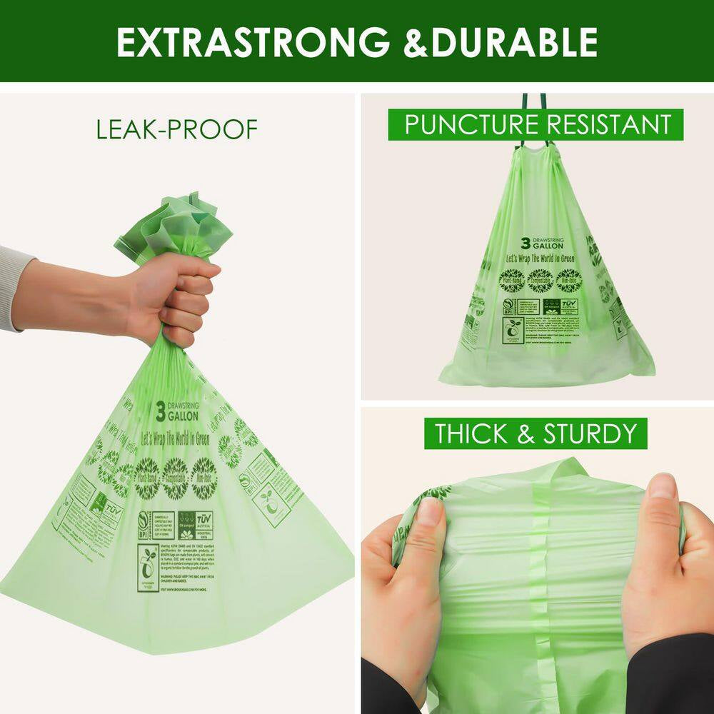 3 Gal. Compostable Trash Bags with Drawstring, Heavy Duty 1 Mil Thick, 50-Count, Kitchen Waste Bags