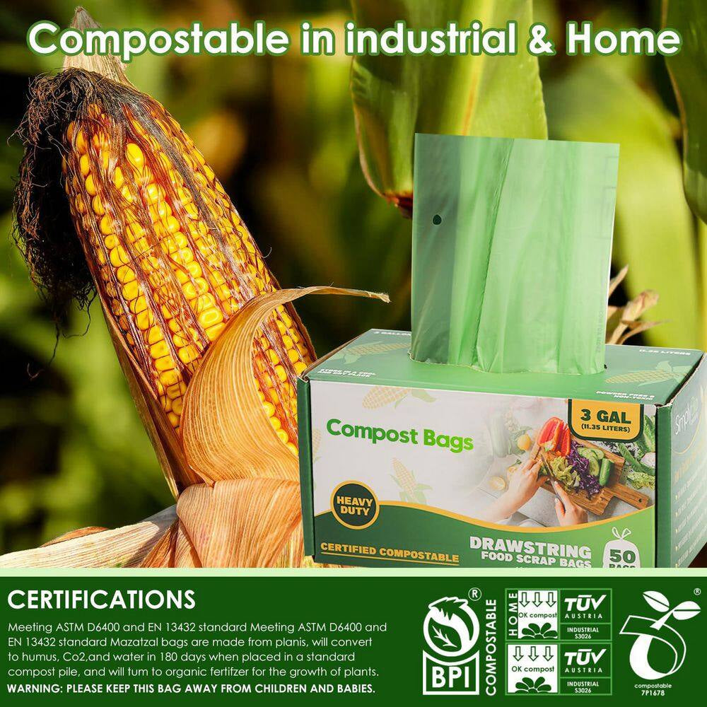 3 Gal. Compostable Trash Bags with Drawstring, Heavy Duty 1 Mil Thick, 50-Count, Kitchen Waste Bags