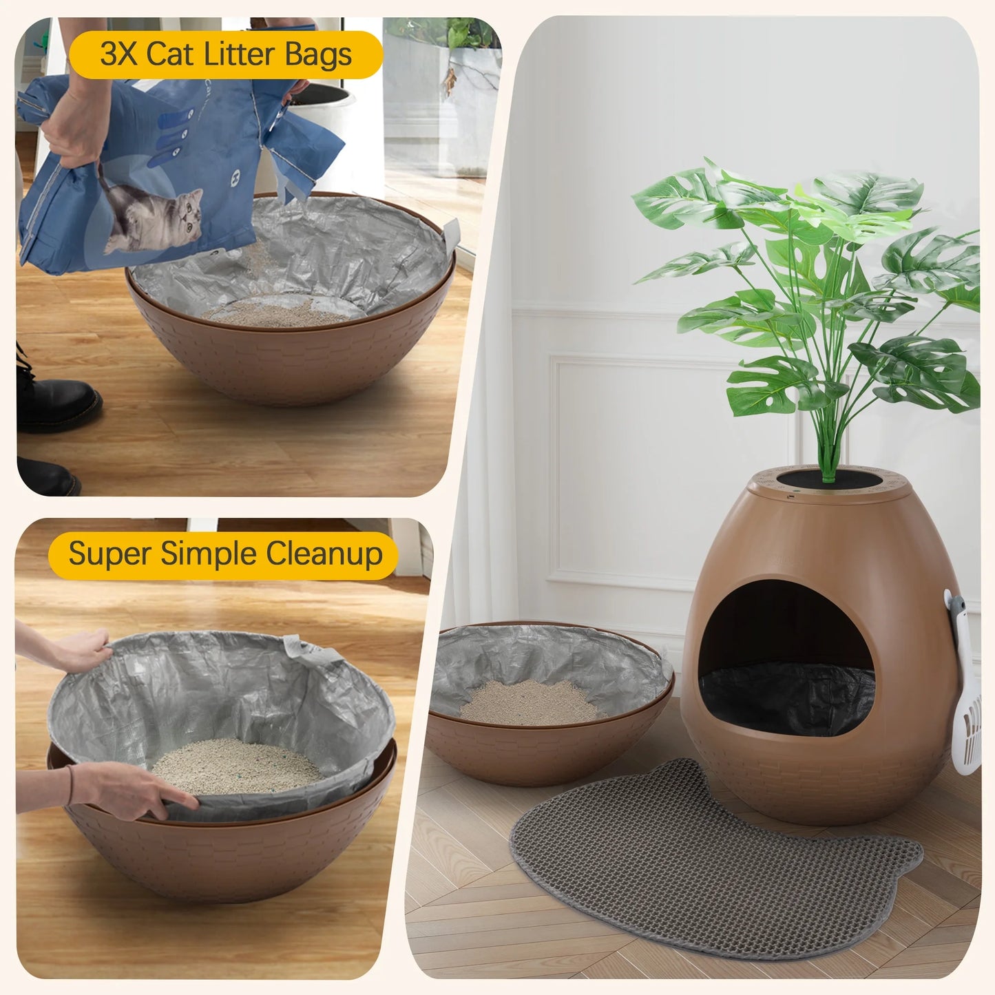 Large Smart Plant Litter Box with Deodorization System, Artificial Plants,5 Cat Litter Bags,Light,Cat Litter Mat,Scoop,Brown