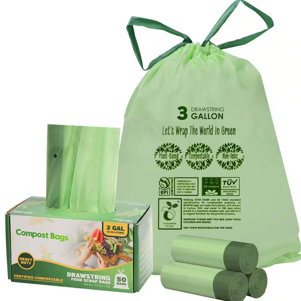 3 Gal. Compostable Trash Bags with Drawstring, Heavy Duty 1 Mil Thick, 50-Count, Kitchen Waste Bags