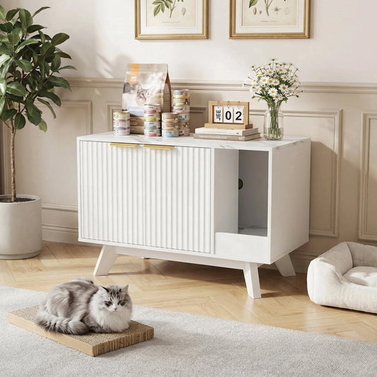Modern Cat Litter Box Enclosure - 31.5" Hidden Cat Litter Box Furniture for 2 Cats, Indoors Cats Washroom Cabinet with Divider & Scratching Pad for Living Room Bedroom,White/Marble Top