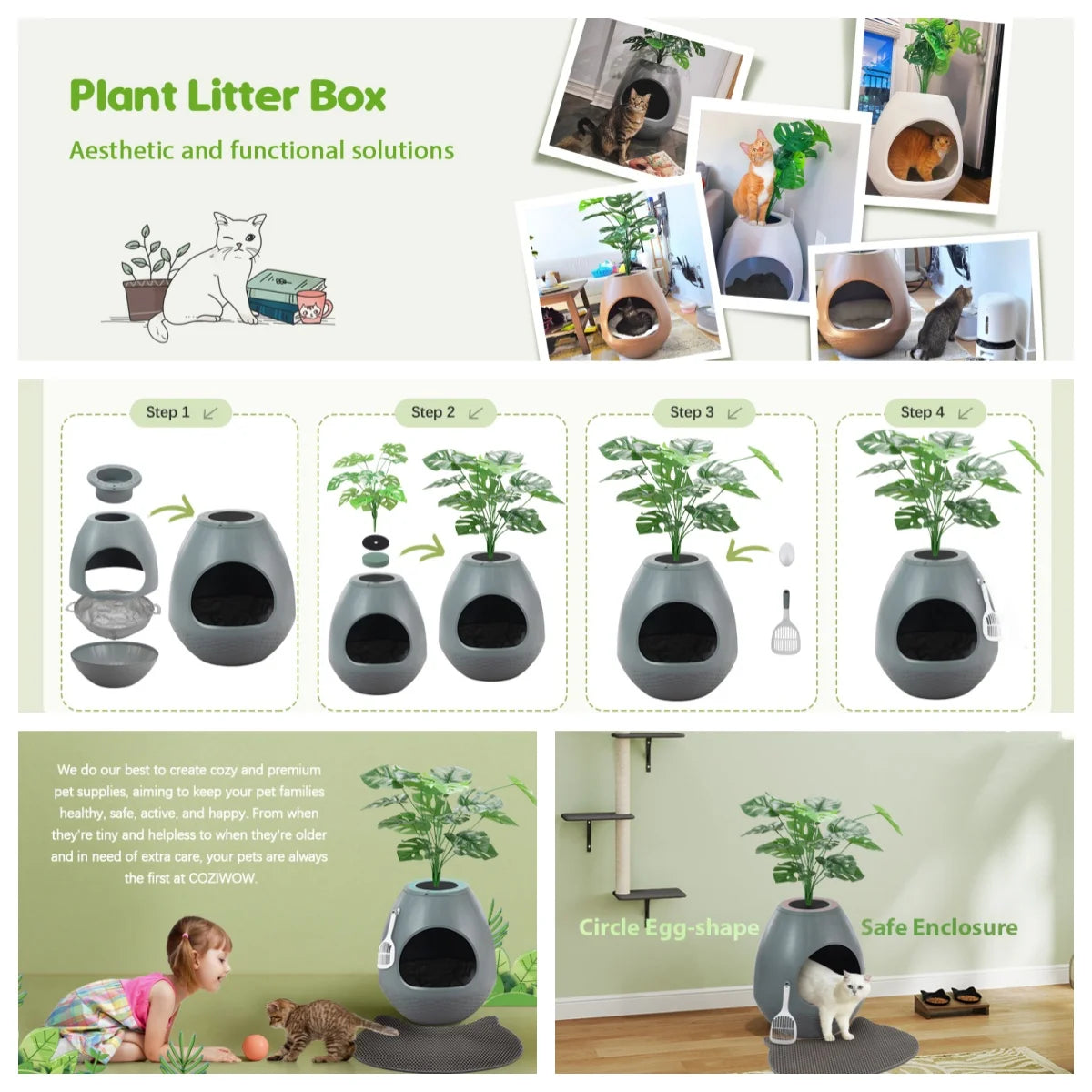 Large Smart Plant Litter Box with Deodorization System, Artificial Plants,5 Cat Litter Bags,Light,Cat Litter Mat,Scoop,Gray