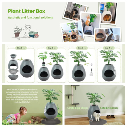 Large Smart Plant Litter Box with Deodorization System, Artificial Plants,5 Cat Litter Bags,Light,Cat Litter Mat,Scoop,Gray