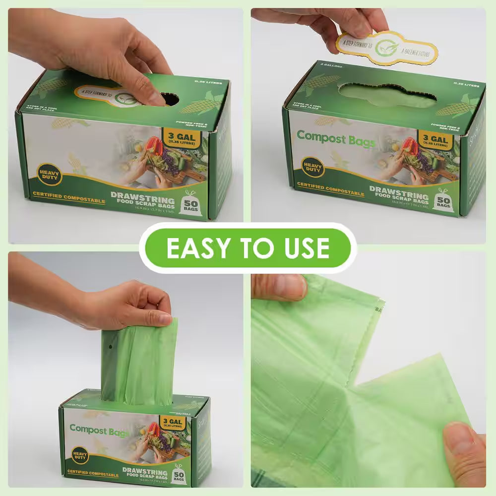 3 Gal. Compostable Trash Bags with Drawstring, Heavy Duty 1 Mil Thick, 50-Count, Kitchen Waste Bags