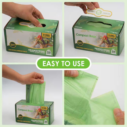 3 Gal. Compostable Trash Bags with Drawstring, Heavy Duty 1 Mil Thick, 50-Count, Kitchen Waste Bags