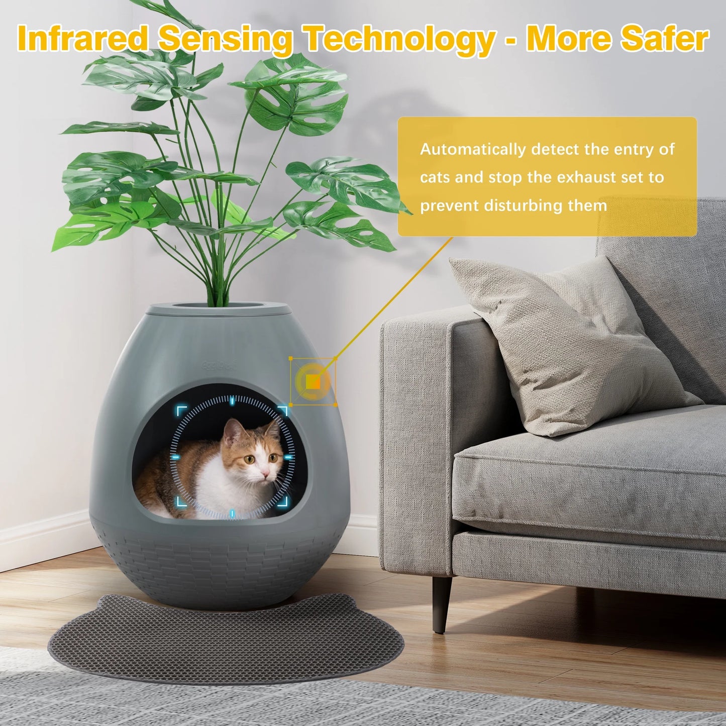 Large Smart Plant Litter Box with Deodorization System, Artificial Plants,5 Cat Litter Bags,Light,Cat Litter Mat,Scoop,Gray