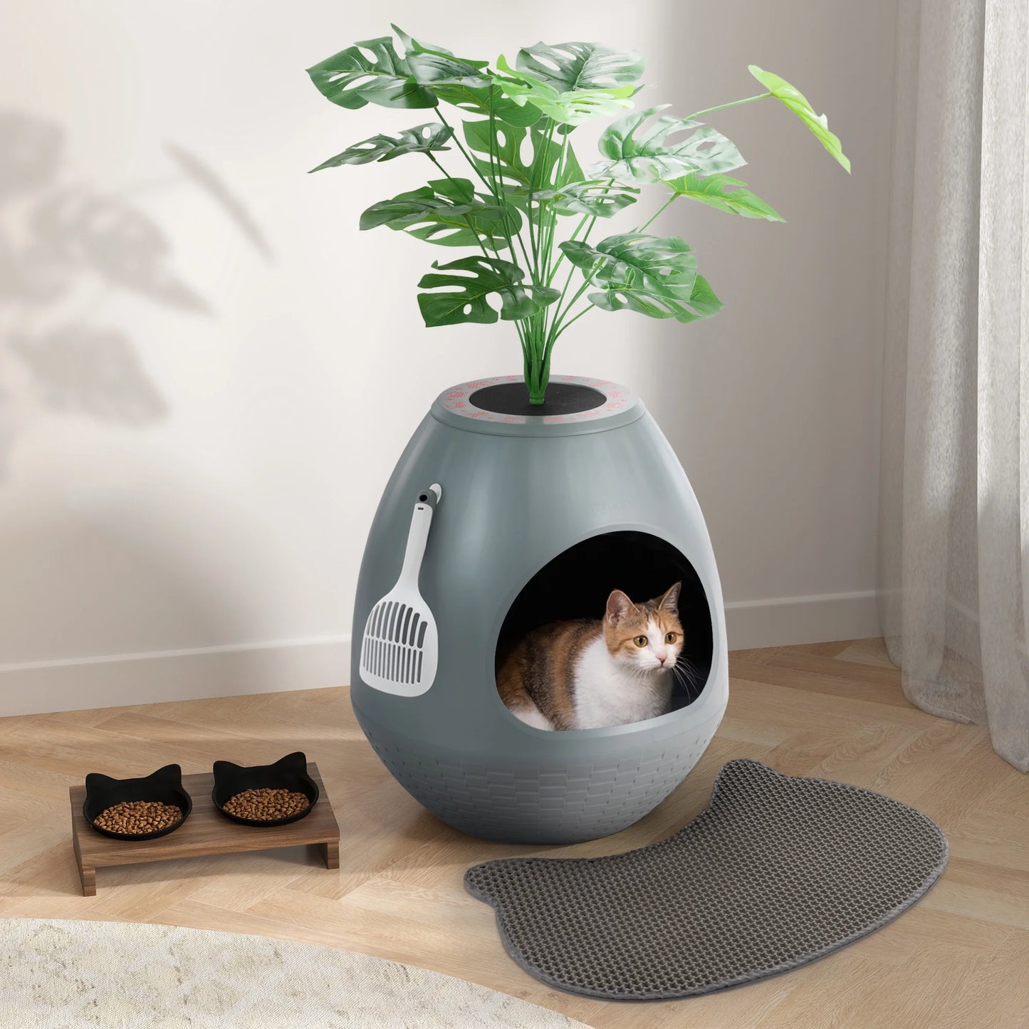Large Smart Plant Litter Box with Deodorization System, Artificial Plants,5 Cat Litter Bags,Light,Cat Litter Mat,Scoop,Gray