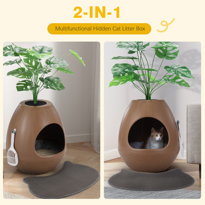 Large Smart Plant Litter Box with Deodorization System, Artificial Plants,5 Cat Litter Bags,Light,Cat Litter Mat,Scoop,Brown