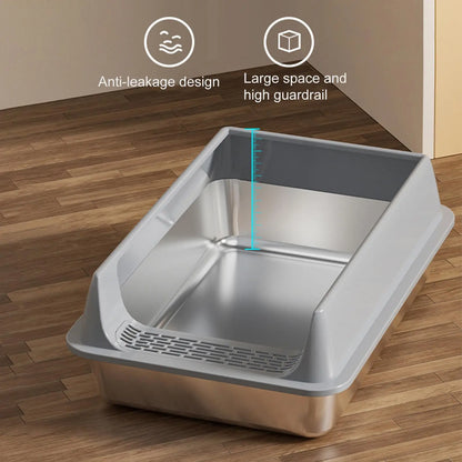 Stainless Steel Cat Toilet Large Cat Litter Box Deepen Pet Litter Box with Scoop Semi-Closed Cat Litter Box with Litter Shovel