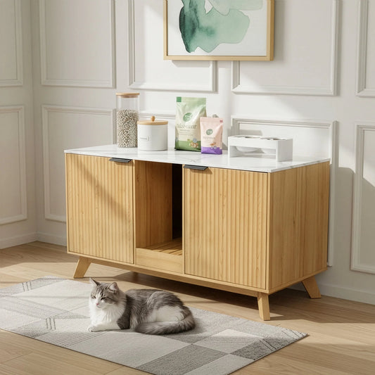 Home Cat Litter Box Enclosure, 47" Large Wooden Hidden Cat Litter Box Furniture,Indoor Cat Washroom for 2 Cats, Dual-Room Cats Cabinet W/Scratching Pad for Living Room Bedroom,Nature Finish