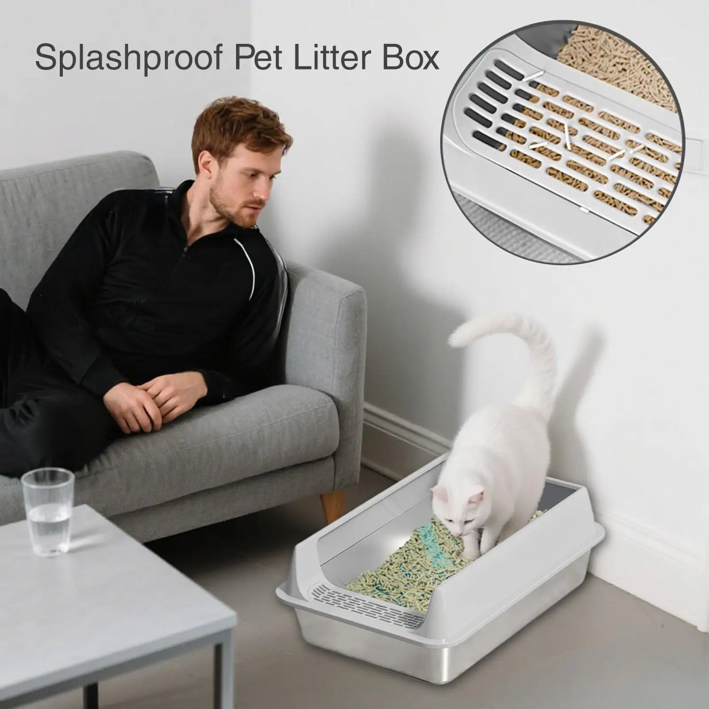 Stainless Steel Cat Toilet Large Cat Litter Box Deepen Pet Litter Box with Scoop Semi-Closed Cat Litter Box with Litter Shovel