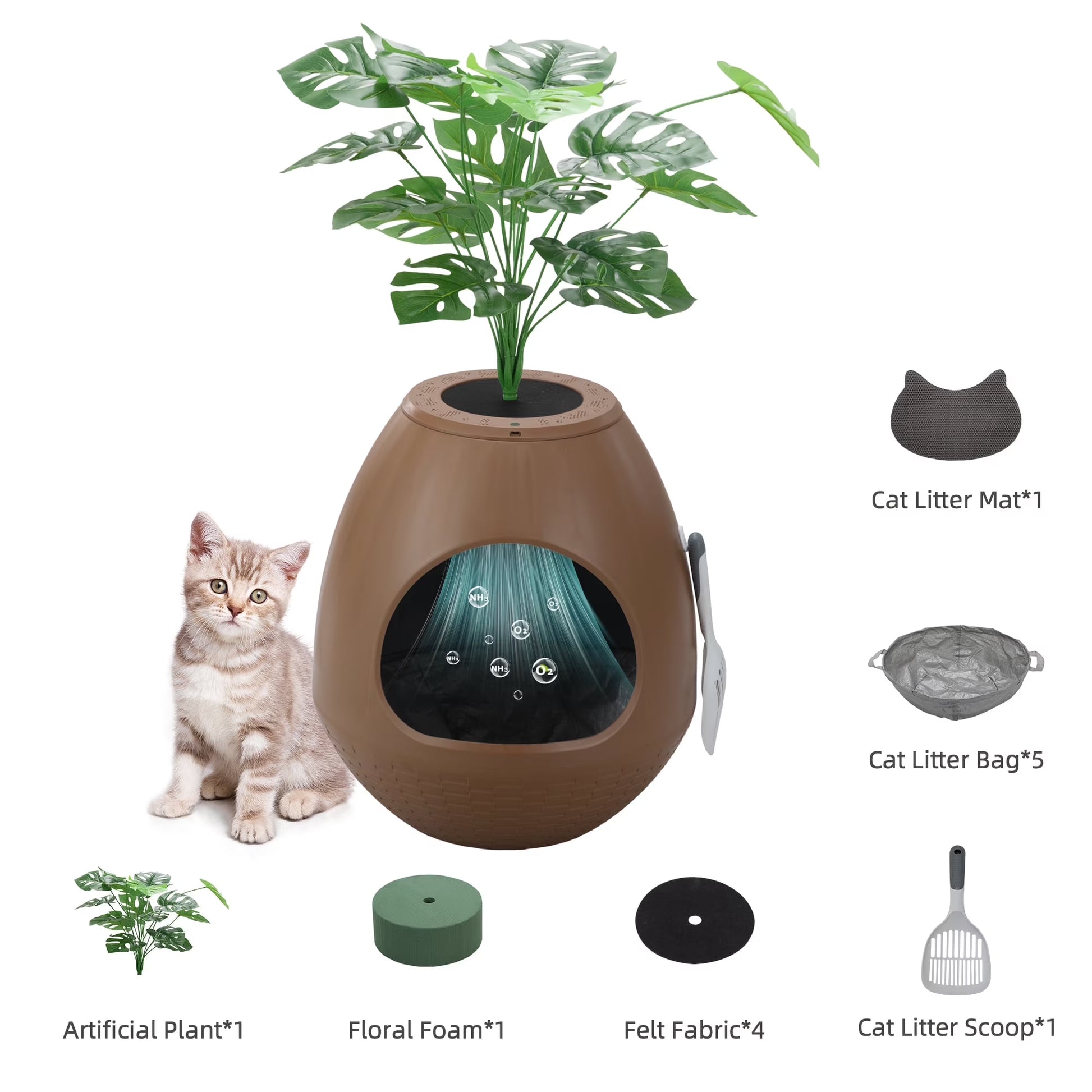 Large Smart Plant Litter Box with Deodorization System, Artificial Plants,5 Cat Litter Bags,Light,Cat Litter Mat,Scoop,Brown