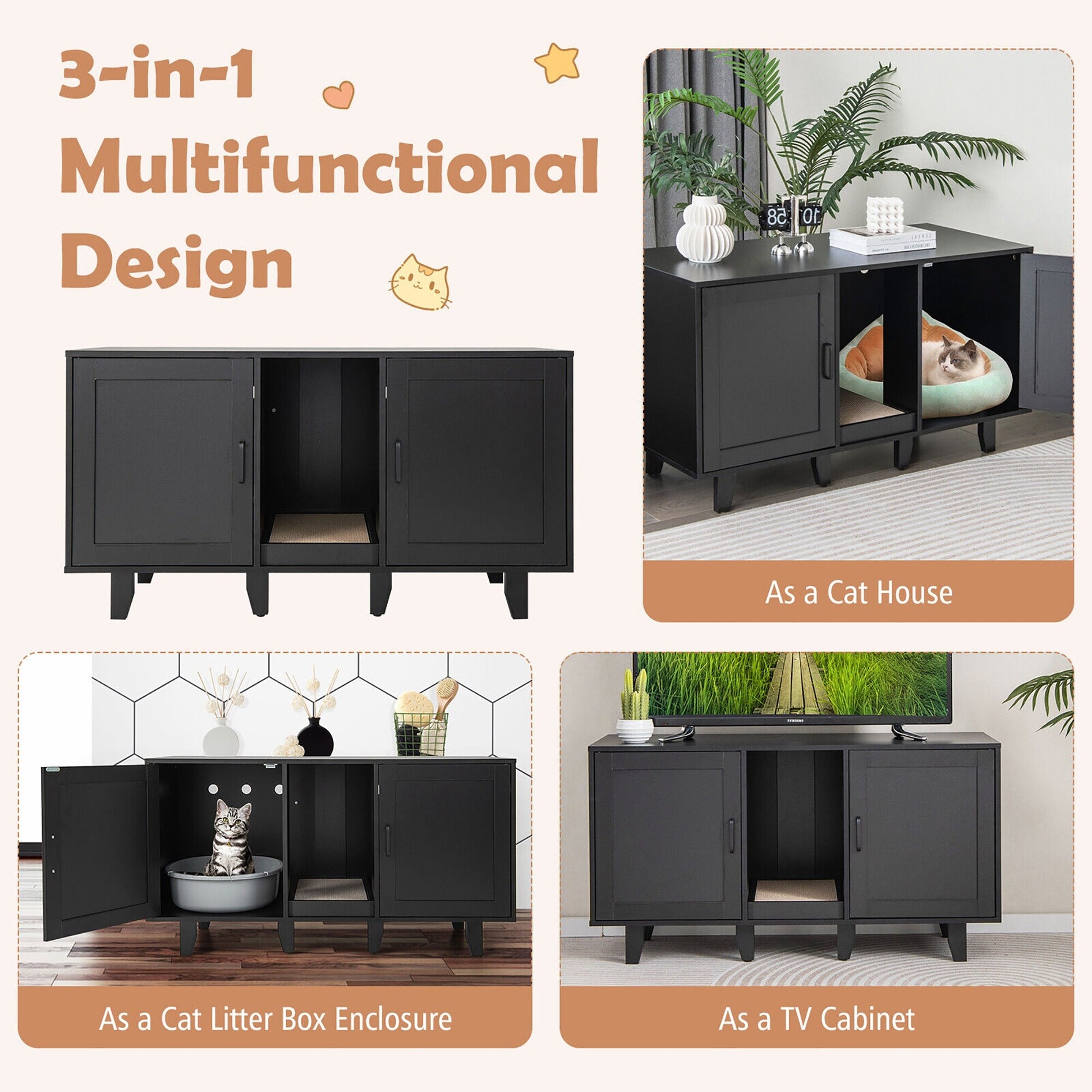 Cat Litter Box Enclosure TV Stand Cabinet Hidden Cat House