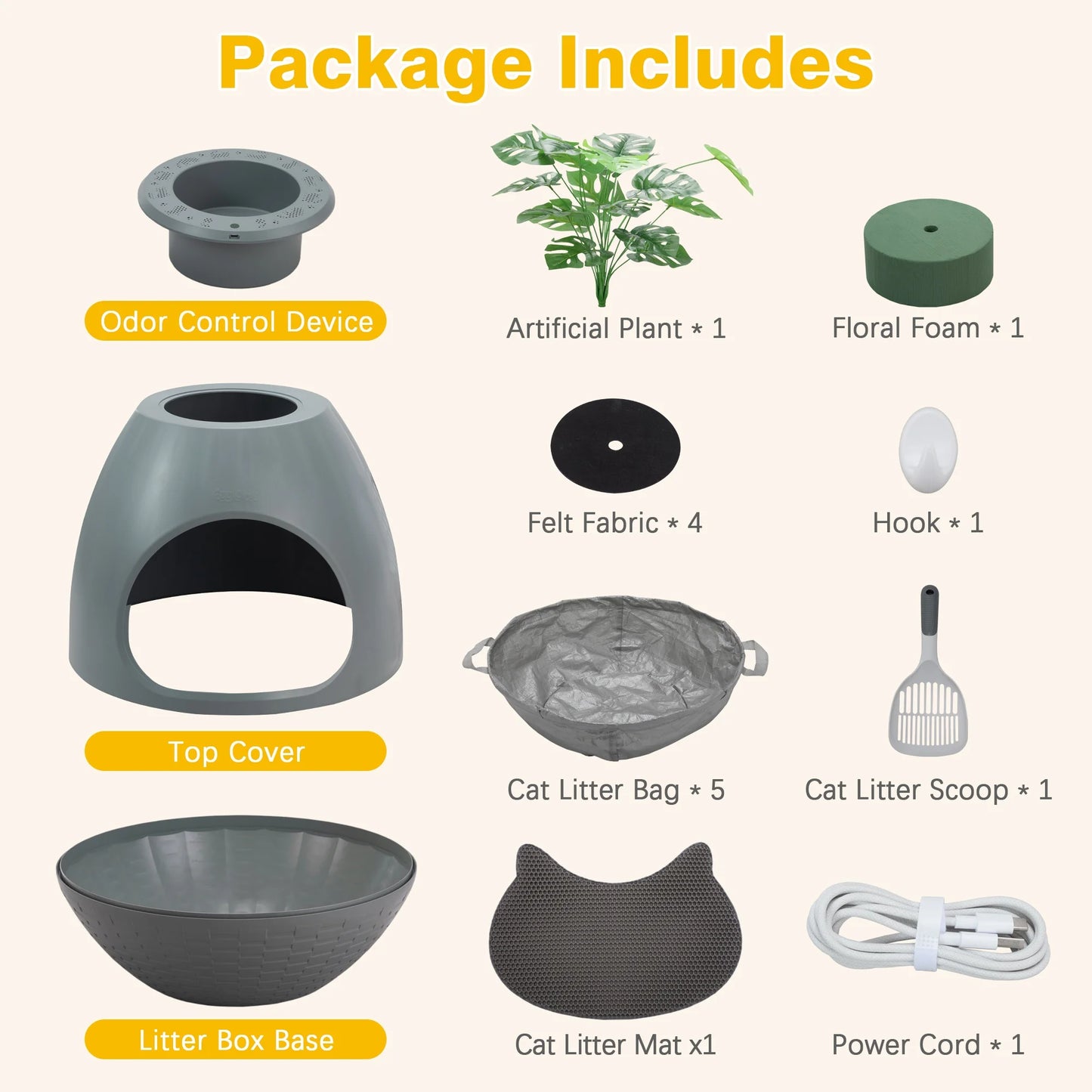 Large Smart Plant Litter Box with Deodorization System, Artificial Plants,5 Cat Litter Bags,Light,Cat Litter Mat,Scoop,Gray