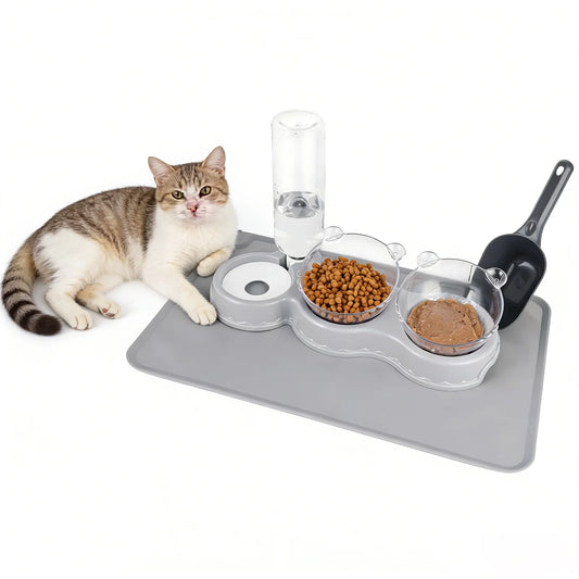 Triple Cat Bowl Raised Cat Bowl, Elevated Cat Bowls Water and Food Bowl Set with Water Dispenser, 3-In-1 Dog Cat Bowls Whisker Friendly Wet/Dry Food Bowl for Cat